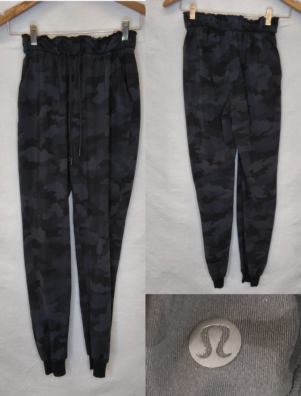 Lululemon Pant Jogger Women's 2 Black Camo Tie Waist Cinch Bottoms #W5652